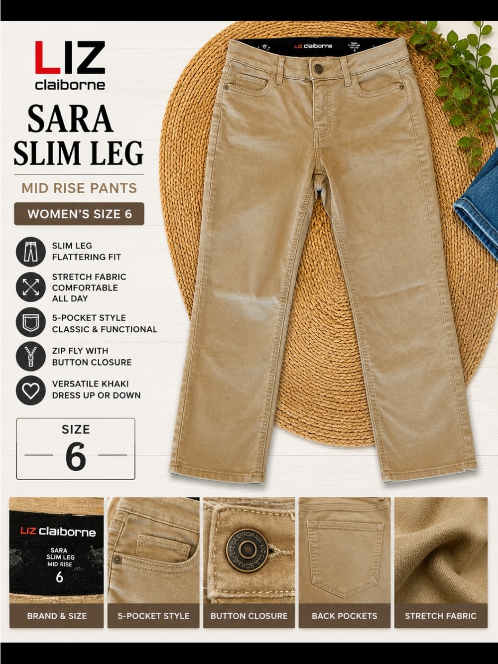 Liz Claiborne Slim Leg Mid Rise Pants in Khaki